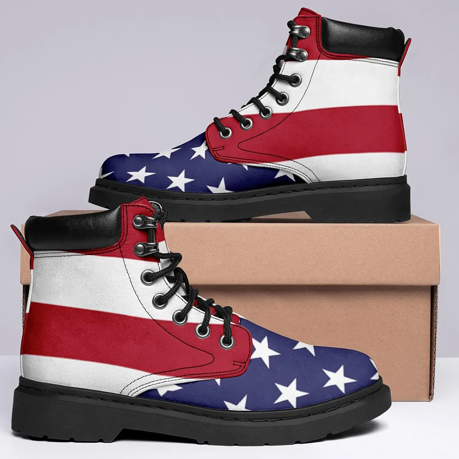 USA Flag American Patriotic Boots, Custom Bike Booties with Name, Stars Stripes Lace up Leather Ankle Combat Boot for Women Men