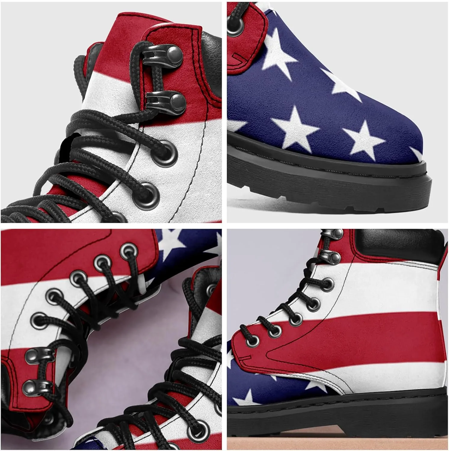 USA Flag American Patriotic Boots, Custom Bike Booties with Name, Stars Stripes Lace up Leather Ankle Combat Boot for Women Men