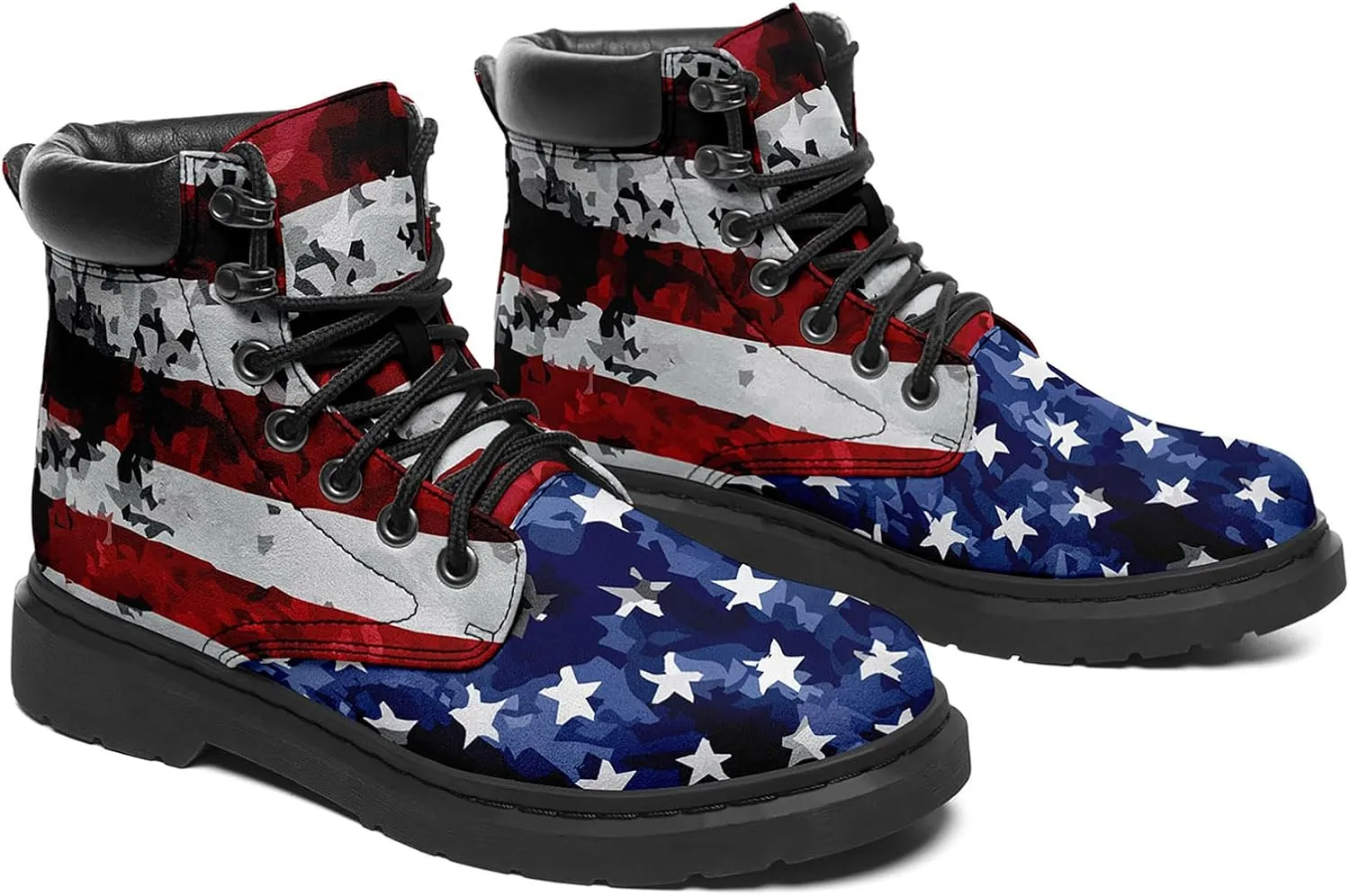USA Flag American Patriotic Boots, Custom Bike Booties with Name, Stars Stripes Lace up Leather Ankle Combat Boot for Women Men