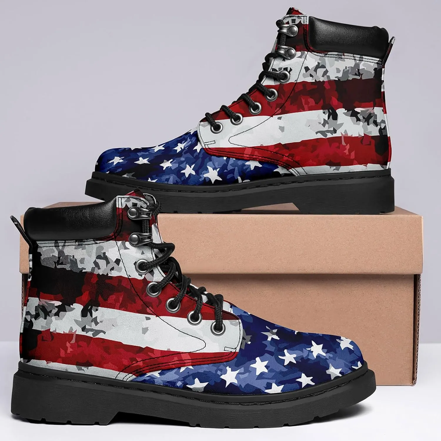 USA Flag American Patriotic Boots, Custom Bike Booties with Name, Stars Stripes Lace up Leather Ankle Combat Boot for Women Men