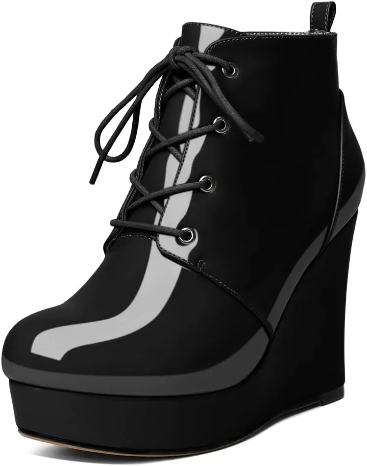 Wedge Ankle Boots Women's Platform Short Bootie Round Toe Lace up Wedge Heels Boots 4 Inch Warm Dress Boots for Party Evening Shoes