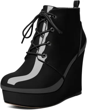 Wedge Ankle Boots Women's Platform Short Bootie Round Toe Lace up Wedge Heels Boots 4 Inch Warm Dress Boots for Party Evening Shoes