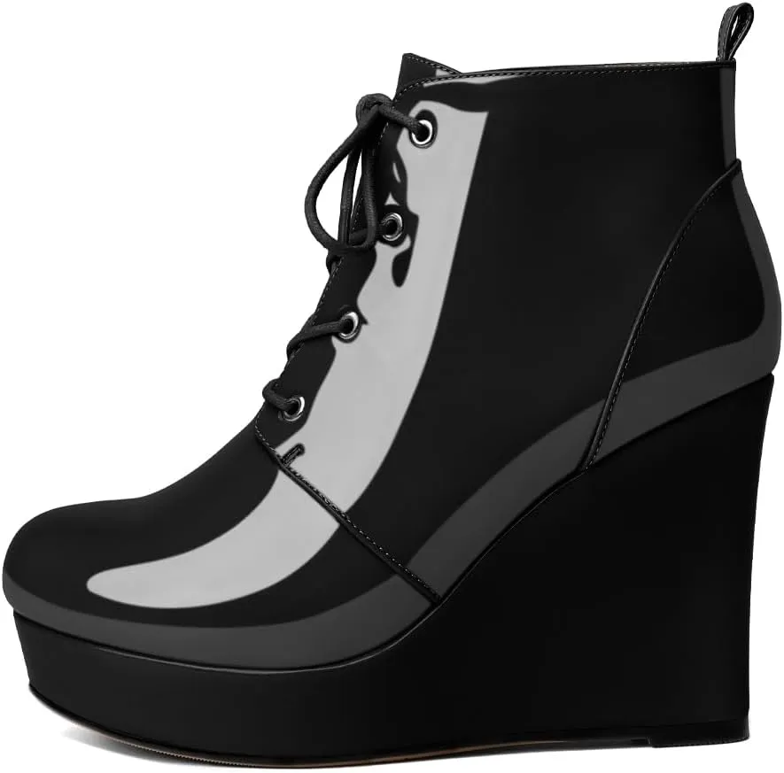Wedge Ankle Boots Women's Platform Short Bootie Round Toe Lace up Wedge Heels Boots 4 Inch Warm Dress Boots for Party Evening Shoes