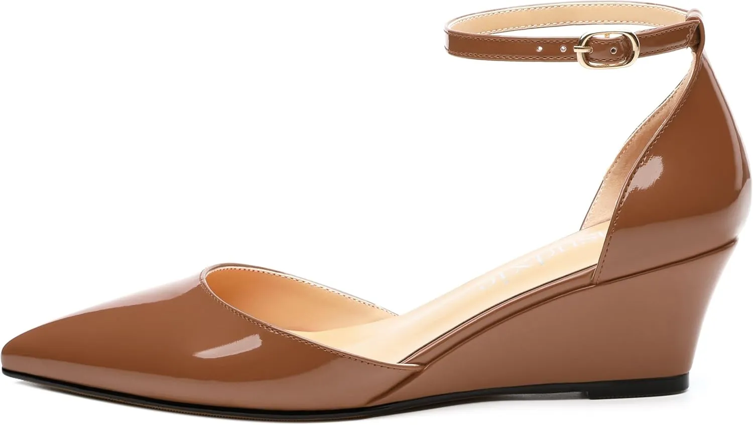 Wedges for Women, Closed Pointed Toe Patent Buckled Ankle Strap Wedge Low Heel Pumps Classic Office Dress Shoes 2 Inches