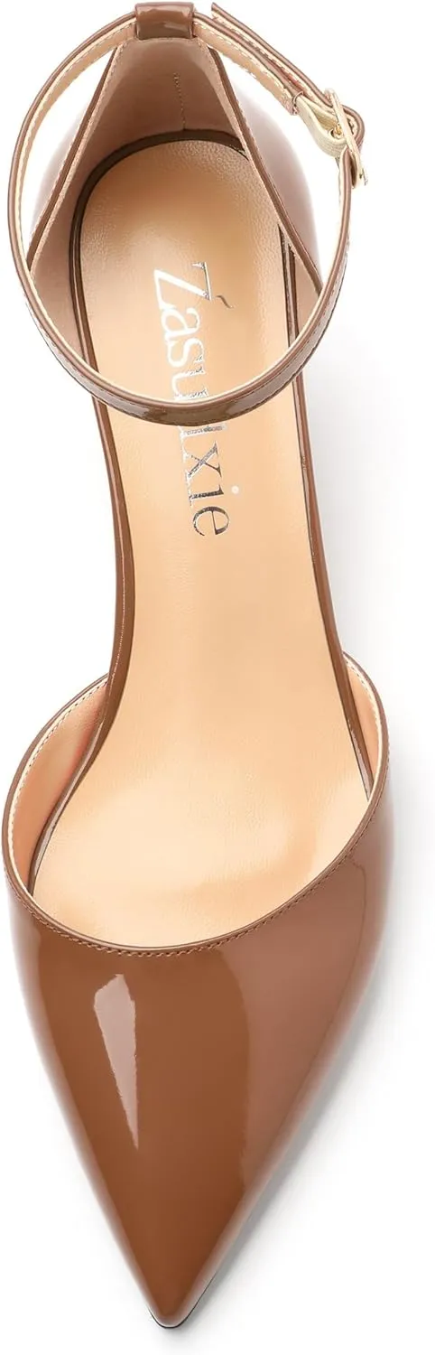 Wedges for Women, Closed Pointed Toe Patent Buckled Ankle Strap Wedge Low Heel Pumps Classic Office Dress Shoes 2 Inches