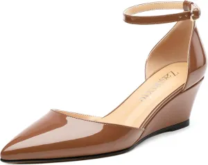 Wedges for Women, Closed Pointed Toe Patent Buckled Ankle Strap Wedge Low Heel Pumps Classic Office Dress Shoes 2 Inches