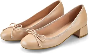 Women Ballet Pumps Round Toe Low Block Heel Slip on Ballerinas Walking Dating Party Daily Dress Shoes with Bow