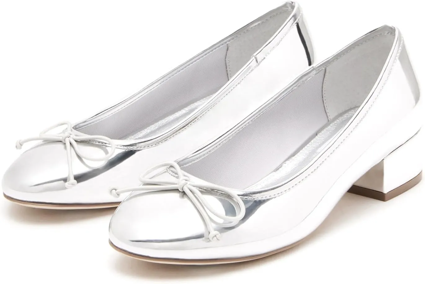 Women Ballet Pumps Round Toe Low Block Heel Slip on Ballerinas Walking Dating Party Daily Dress Shoes with Bow