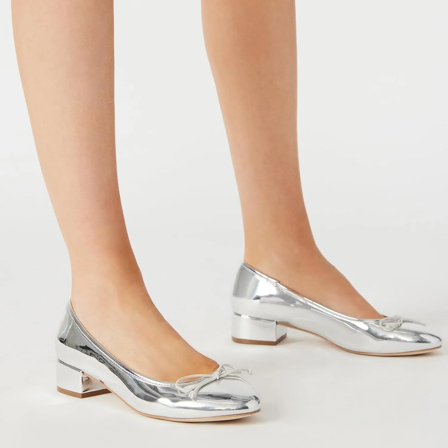 Women Ballet Pumps Round Toe Low Block Heel Slip on Ballerinas Walking Dating Party Daily Dress Shoes with Bow