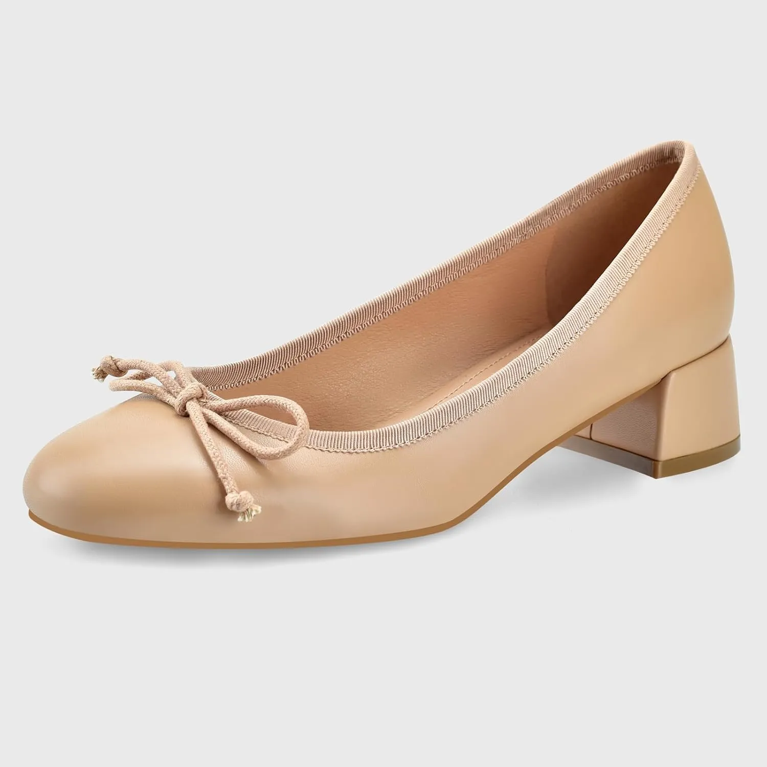 Women Ballet Pumps Round Toe Low Block Heel Slip on Ballerinas Walking Dating Party Daily Dress Shoes with Bow