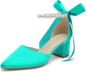 Women Block Pointed Toe Low Chunky Heels with Pearls Pumps Satin Bridal Shoes Evening Party Dress Shoes