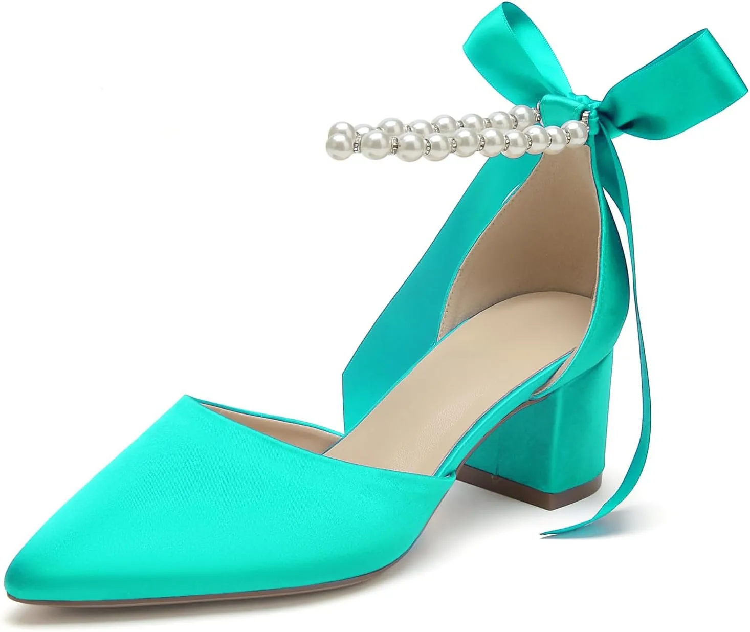 Women Block Pointed Toe Low Chunky Heels with Pearls Pumps Satin Bridal Shoes Evening Party Dress Shoes