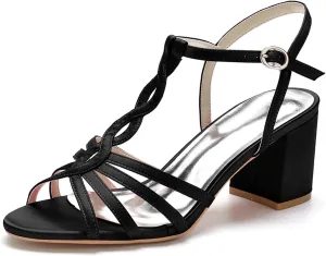 Women Heeled Sandals Strappy Heels Round Open Toe Chunky Block Heel T-Strap Sandals for Women Comfortable Heels