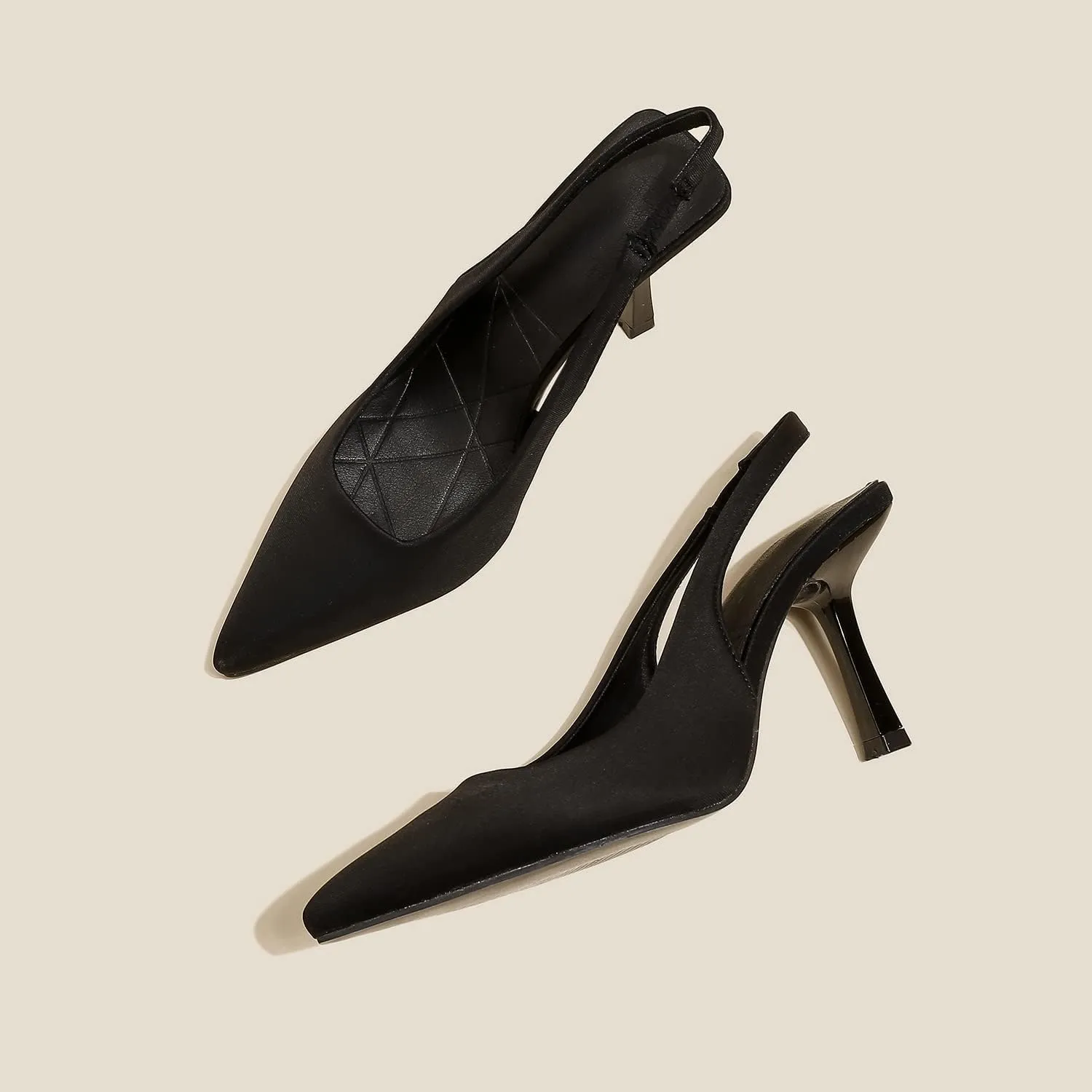 Women High-Heel Fabric Slingback Pumps Kitten Heel Pointed Toe Slip-On Back Strap Sandals Mules Court Shoes