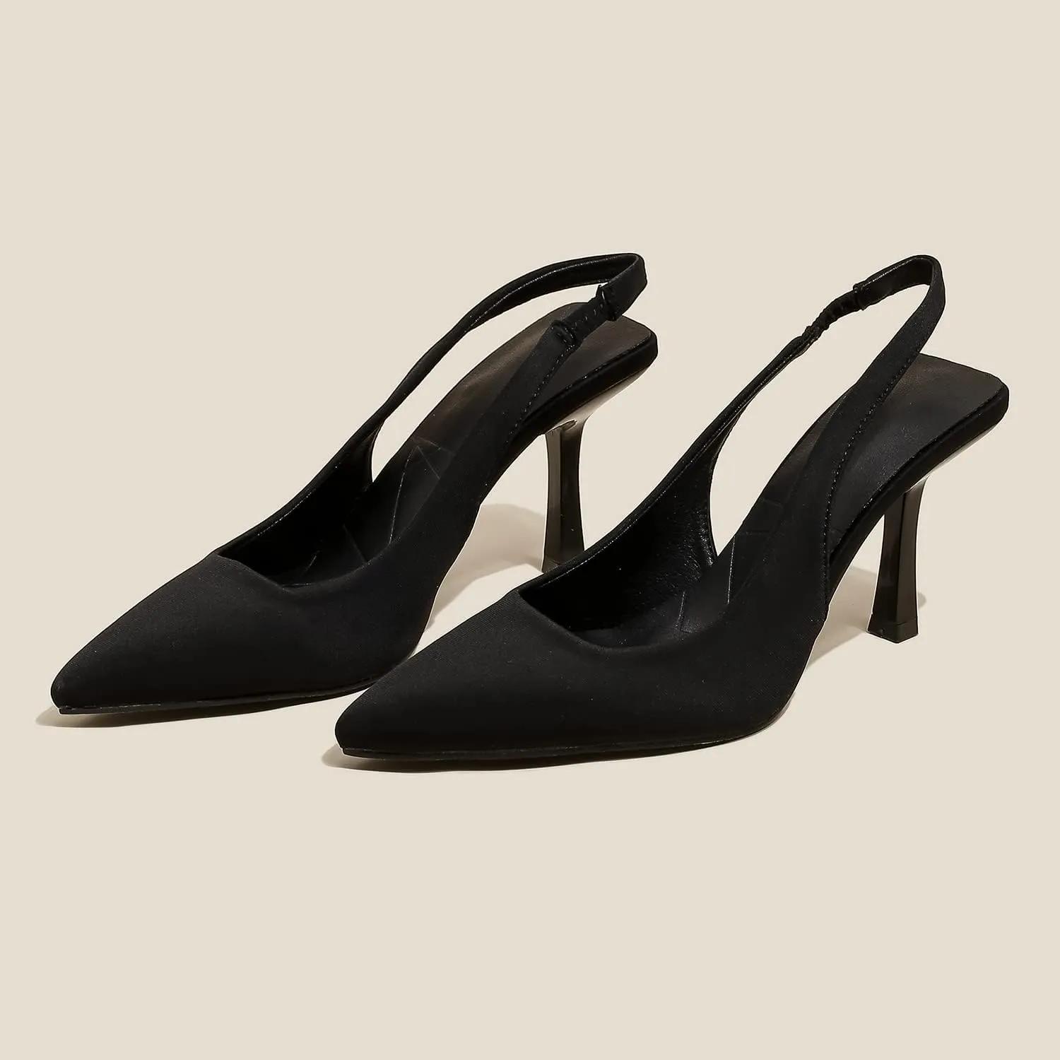 Women High-Heel Fabric Slingback Pumps Kitten Heel Pointed Toe Slip-On Back Strap Sandals Mules Court Shoes