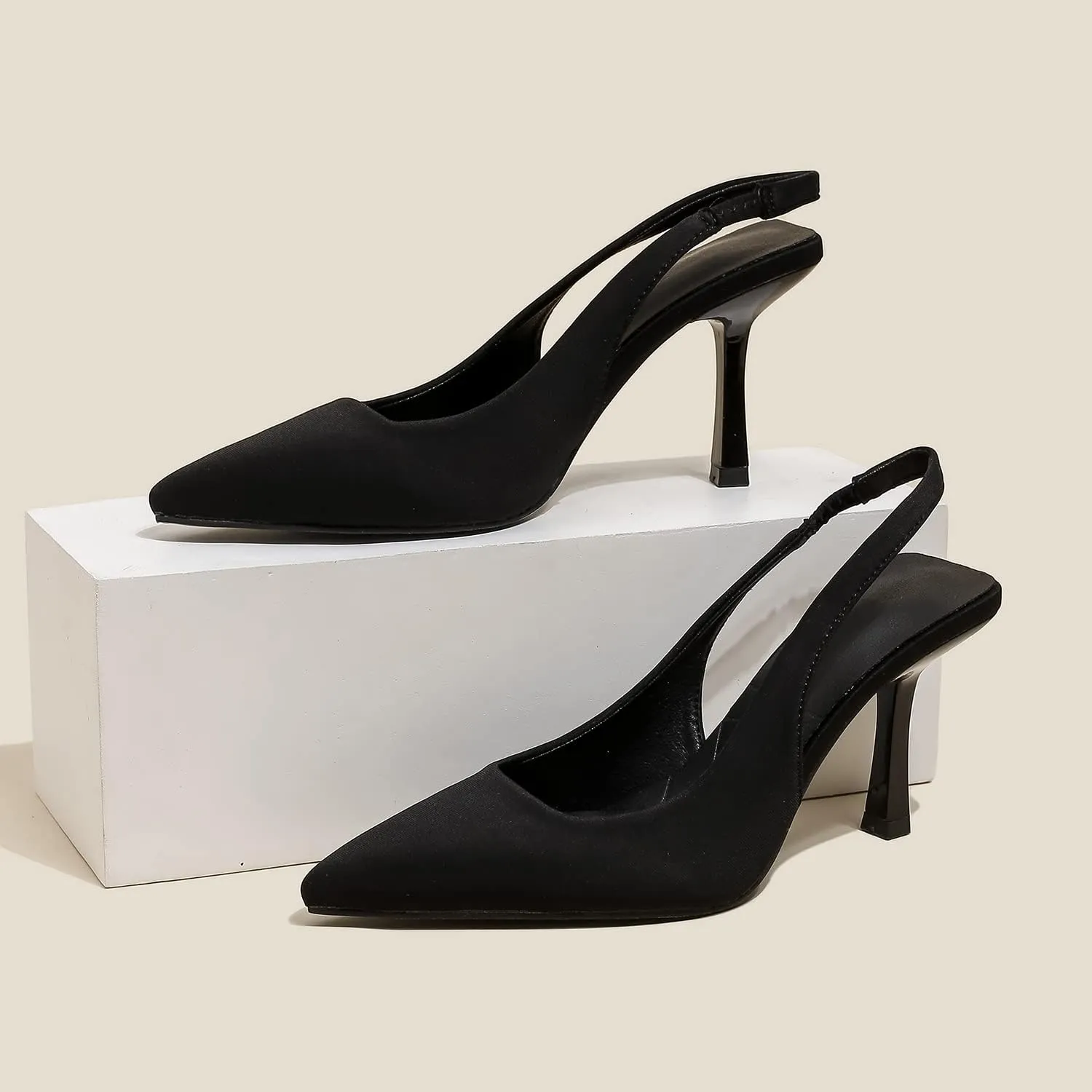 Women High-Heel Fabric Slingback Pumps Kitten Heel Pointed Toe Slip-On Back Strap Sandals Mules Court Shoes