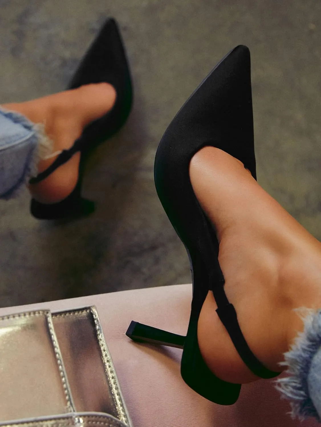 Women High-Heel Fabric Slingback Pumps Kitten Heel Pointed Toe Slip-On Back Strap Sandals Mules Court Shoes