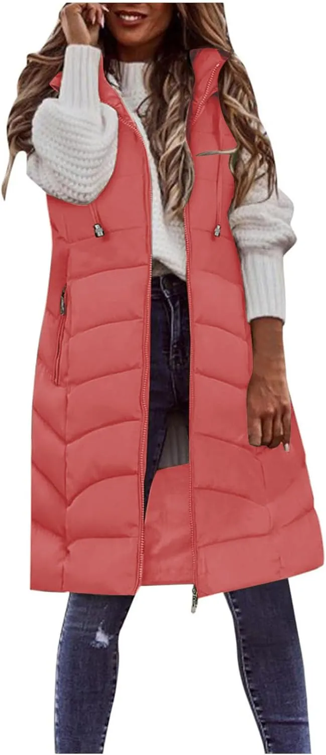 Women Long Puffer Vest Jacket Winter Coat Full Zipper Sleeveless Down Coats with Hooded Warm Thickened Windbreakers