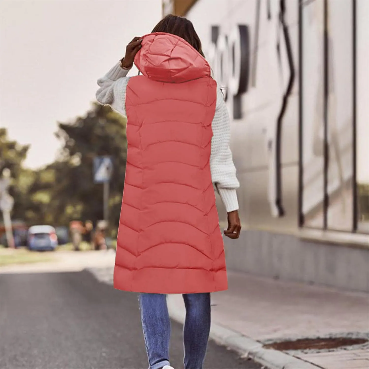 Women Long Puffer Vest Jacket Winter Coat Full Zipper Sleeveless Down Coats with Hooded Warm Thickened Windbreakers