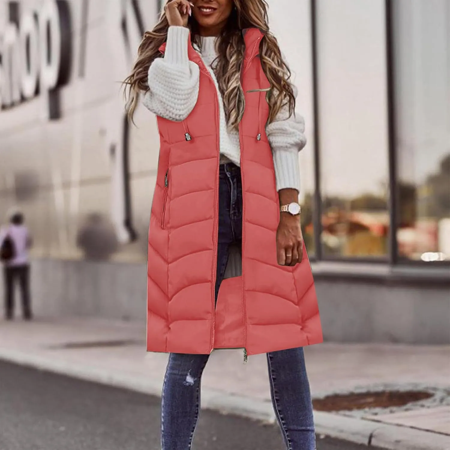 Women Long Puffer Vest Jacket Winter Coat Full Zipper Sleeveless Down Coats with Hooded Warm Thickened Windbreakers