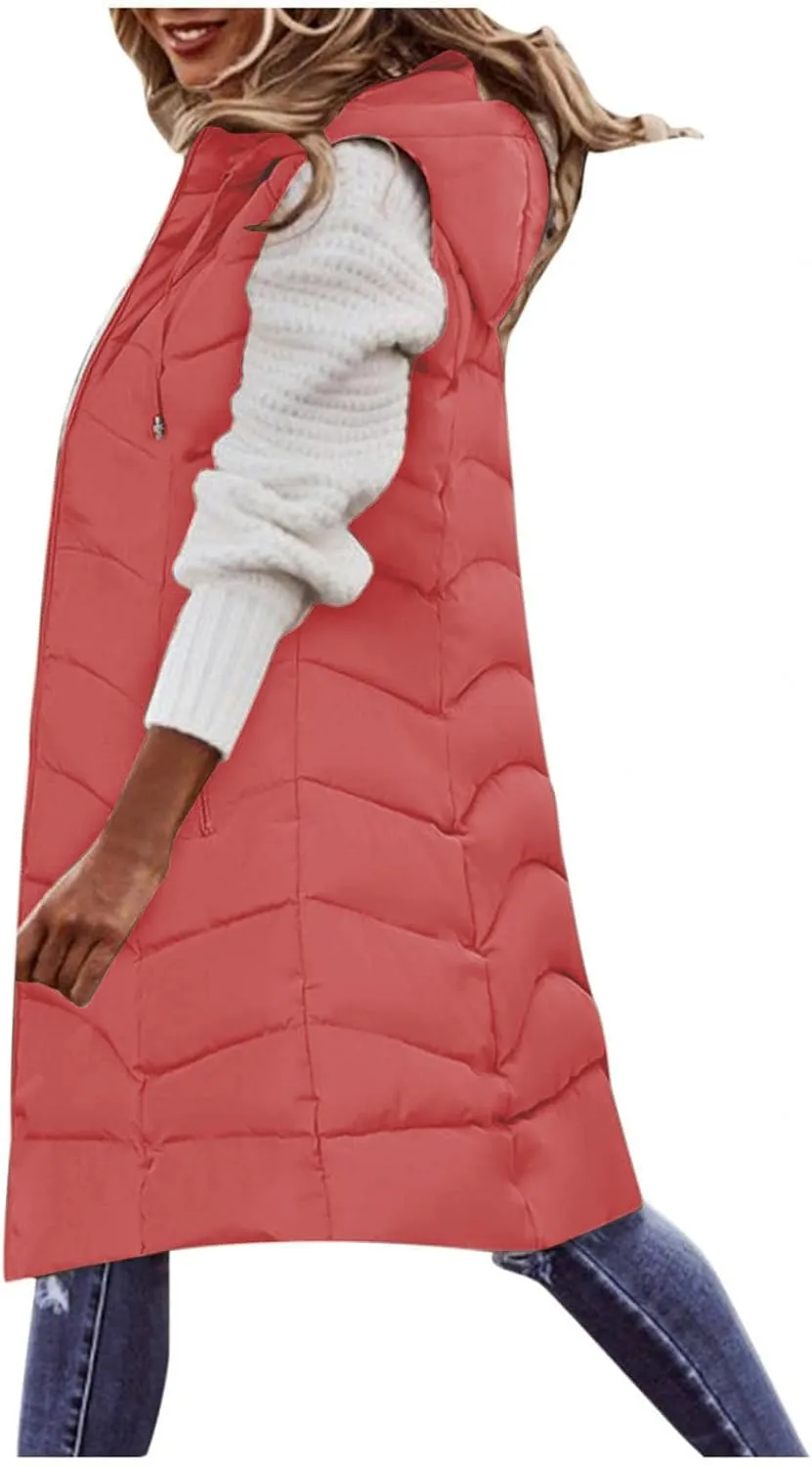 Women Long Puffer Vest Jacket Winter Coat Full Zipper Sleeveless Down Coats with Hooded Warm Thickened Windbreakers