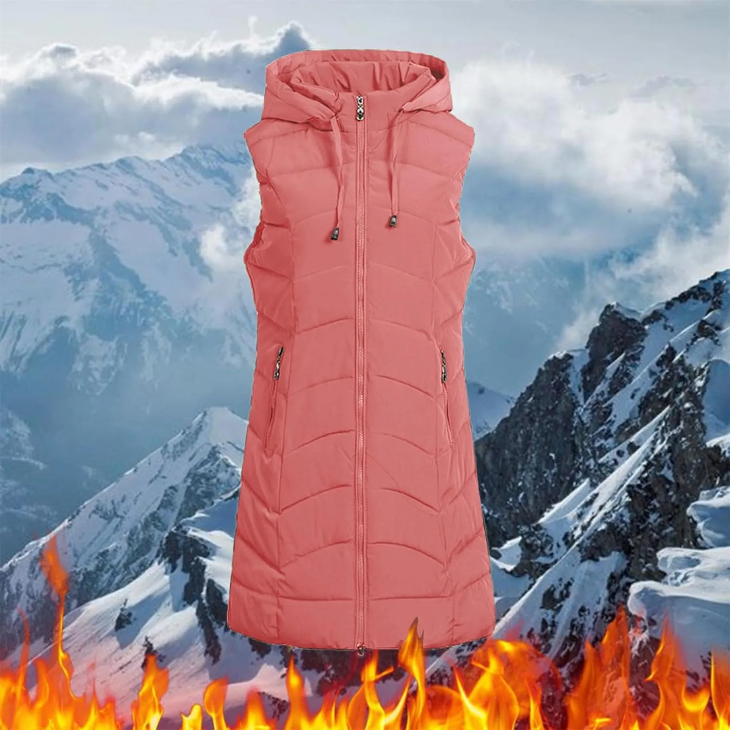 Women Long Puffer Vest Jacket Winter Coat Full Zipper Sleeveless Down Coats with Hooded Warm Thickened Windbreakers