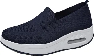 Women Orthopedic Air Cushion Walking Shoes Slip-On Platform Mesh Stretch Wedge Sneakers for Arch Support Light Toning Rocker Shoe