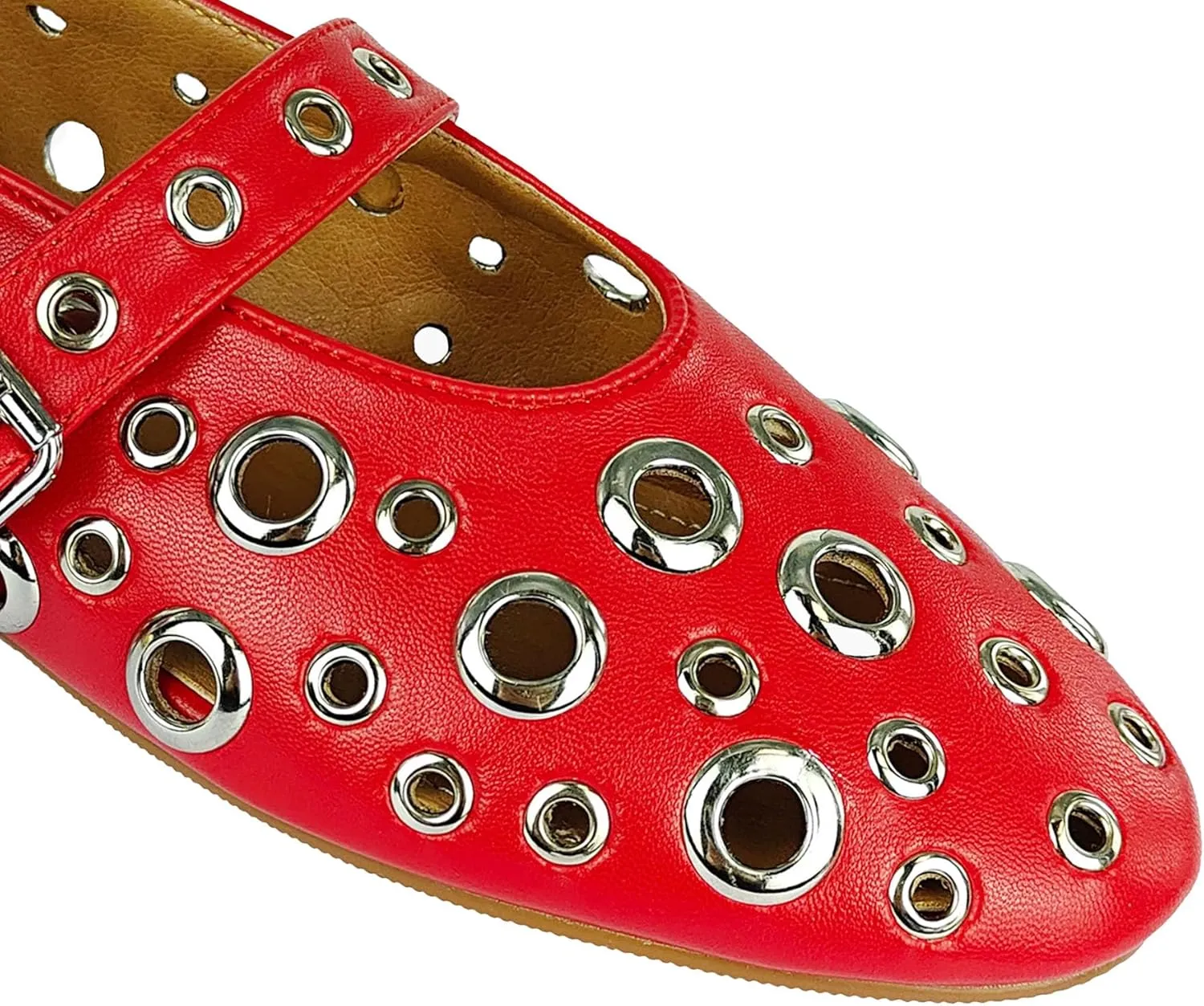 Women Perforated Ballet Flats with Buckle Strap Mesh Mary Jane Shoes Comfortable Ballerina for Casual Daily Dress