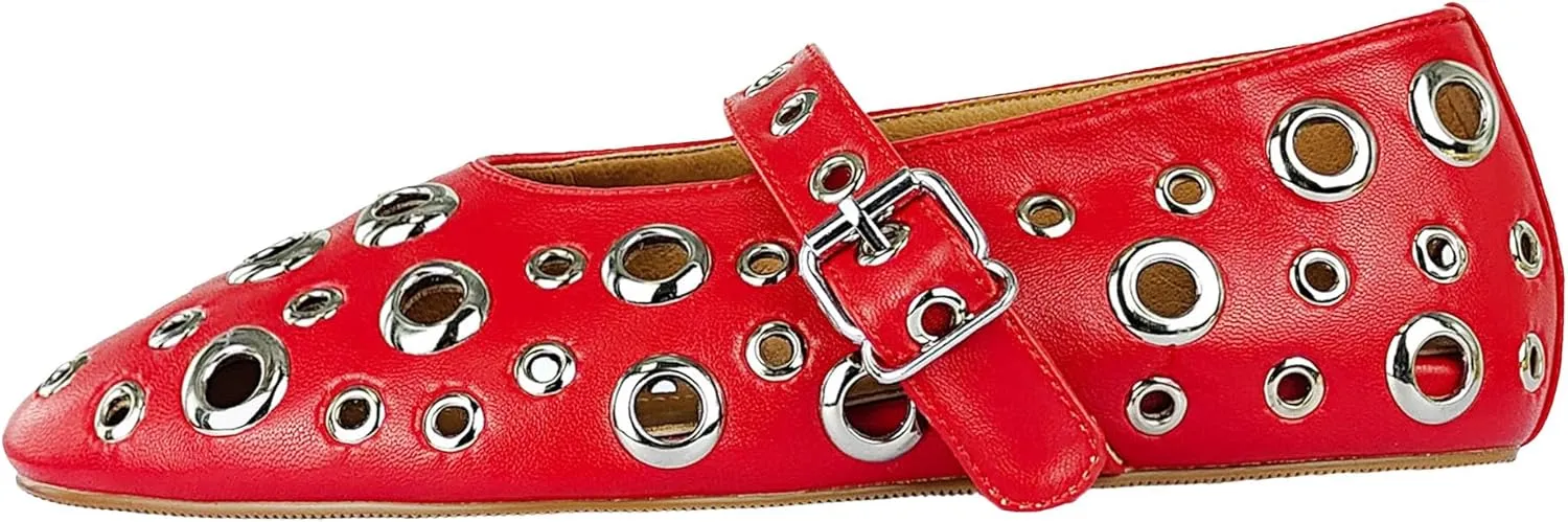 Women Perforated Ballet Flats with Buckle Strap Mesh Mary Jane Shoes Comfortable Ballerina for Casual Daily Dress