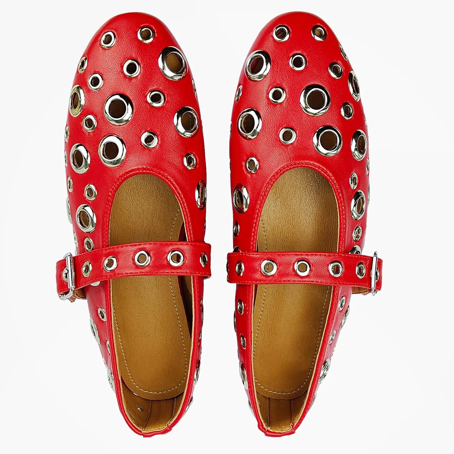 Women Perforated Ballet Flats with Buckle Strap Mesh Mary Jane Shoes Comfortable Ballerina for Casual Daily Dress