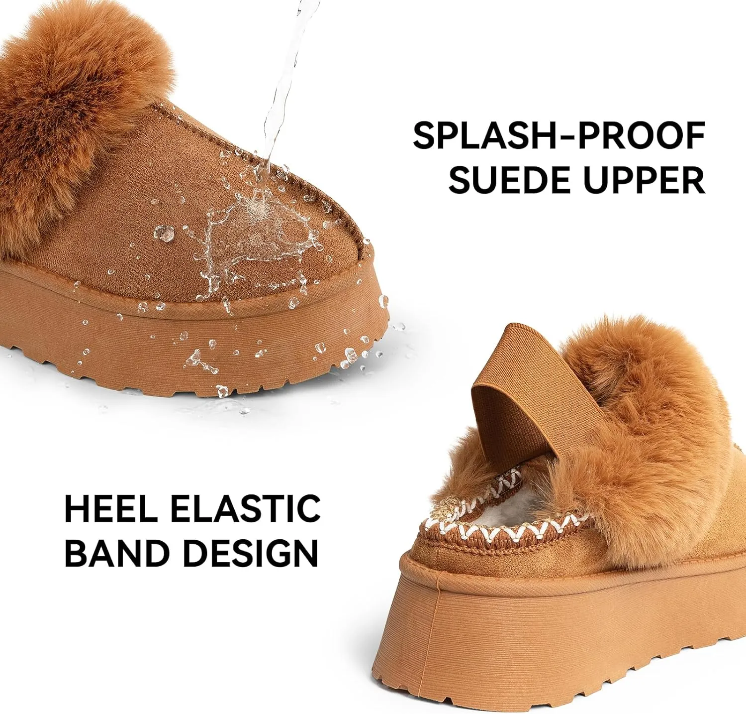 Women Platform Slippers Mini Boots Suede Leather Short Ankle Booties Fuzzy Slip on Shoes Snow Platform Slippers for Women Winter Outdoor Ethnic Style