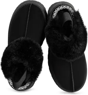 Women Platform Slippers Mini Boots Suede Leather Short Ankle Booties Fuzzy Slip on Shoes Snow Platform Slippers for Women Winter Outdoor Ethnic Style