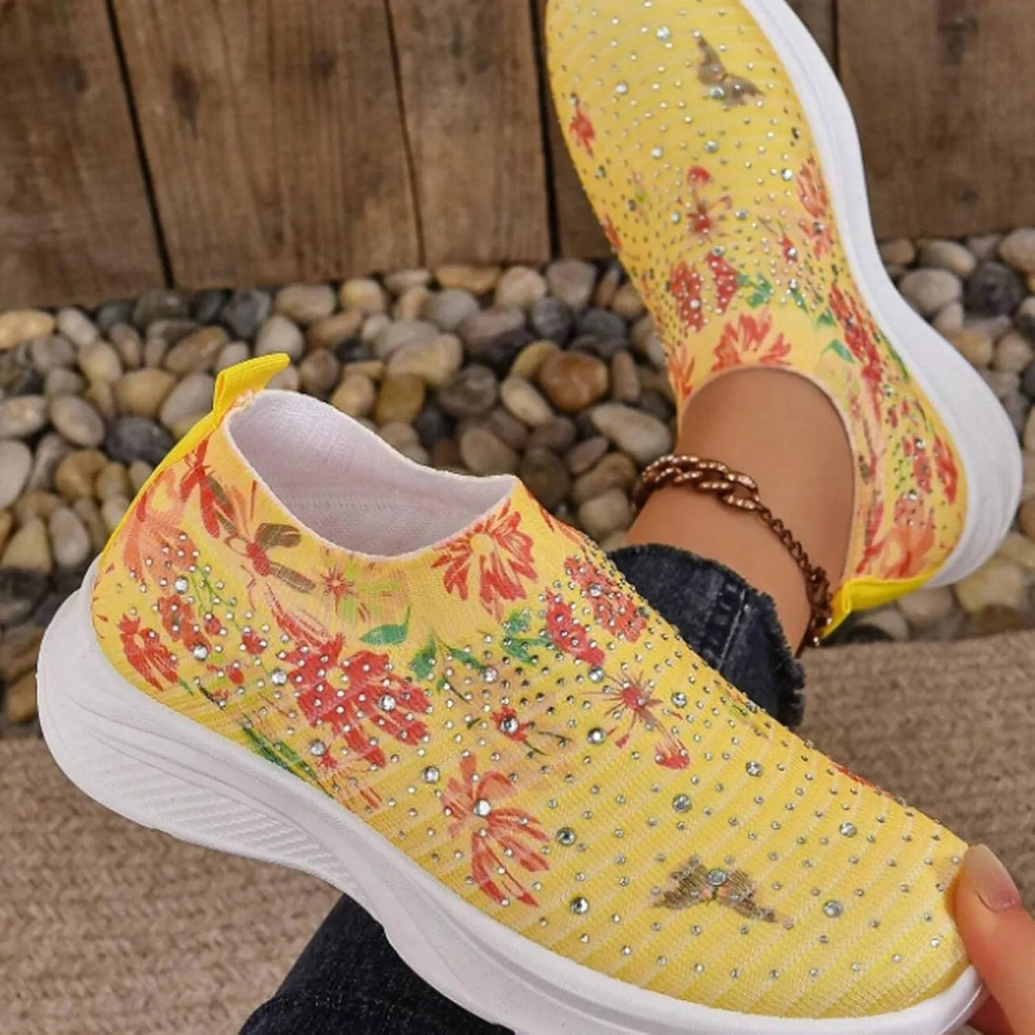 Women Rhinestone Slip On Mesh Sneakers Orthopedic Floral Print Sock Shoes Walking Running Sports Shoes,Crystal Jazz Latin Dance Shoes,Fashion Platform Sparkly Shoes
