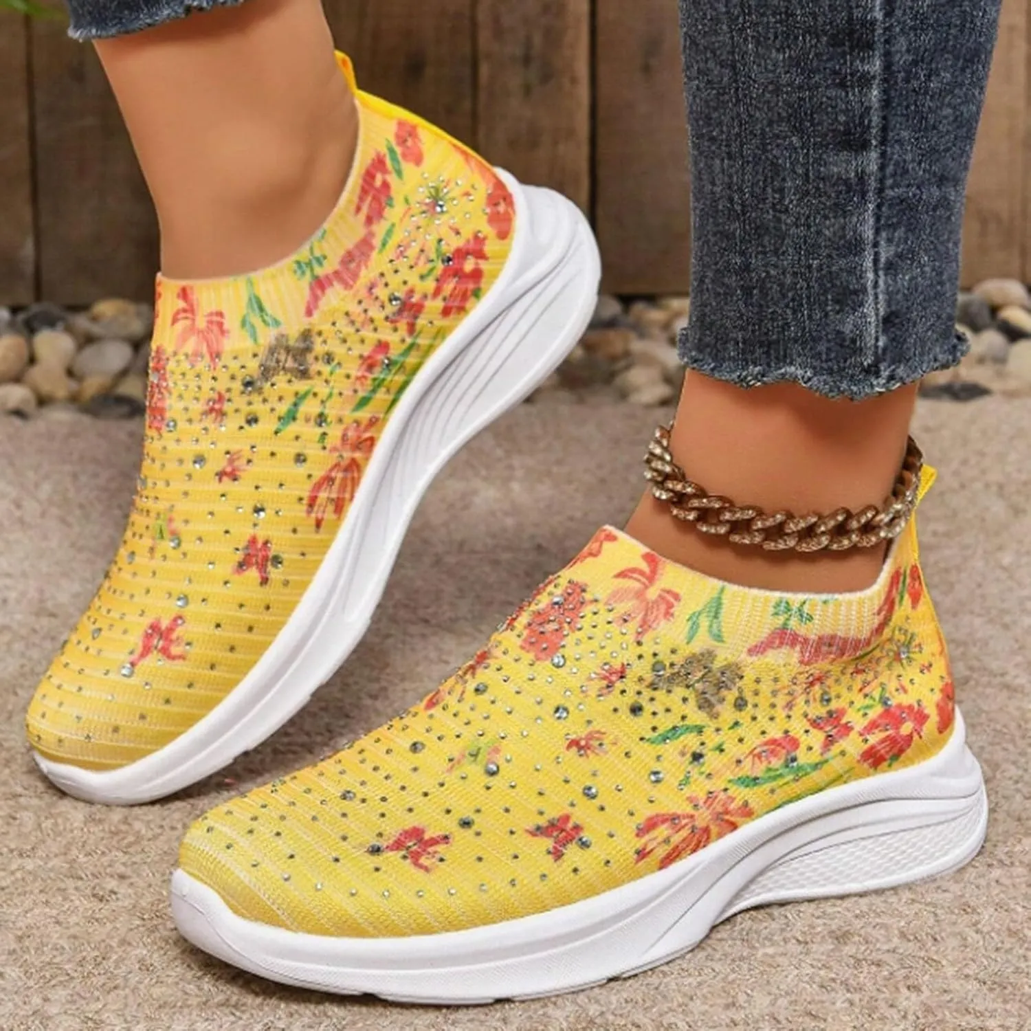 Women Rhinestone Slip On Mesh Sneakers Orthopedic Floral Print Sock Shoes Walking Running Sports Shoes,Crystal Jazz Latin Dance Shoes,Fashion Platform Sparkly Shoes