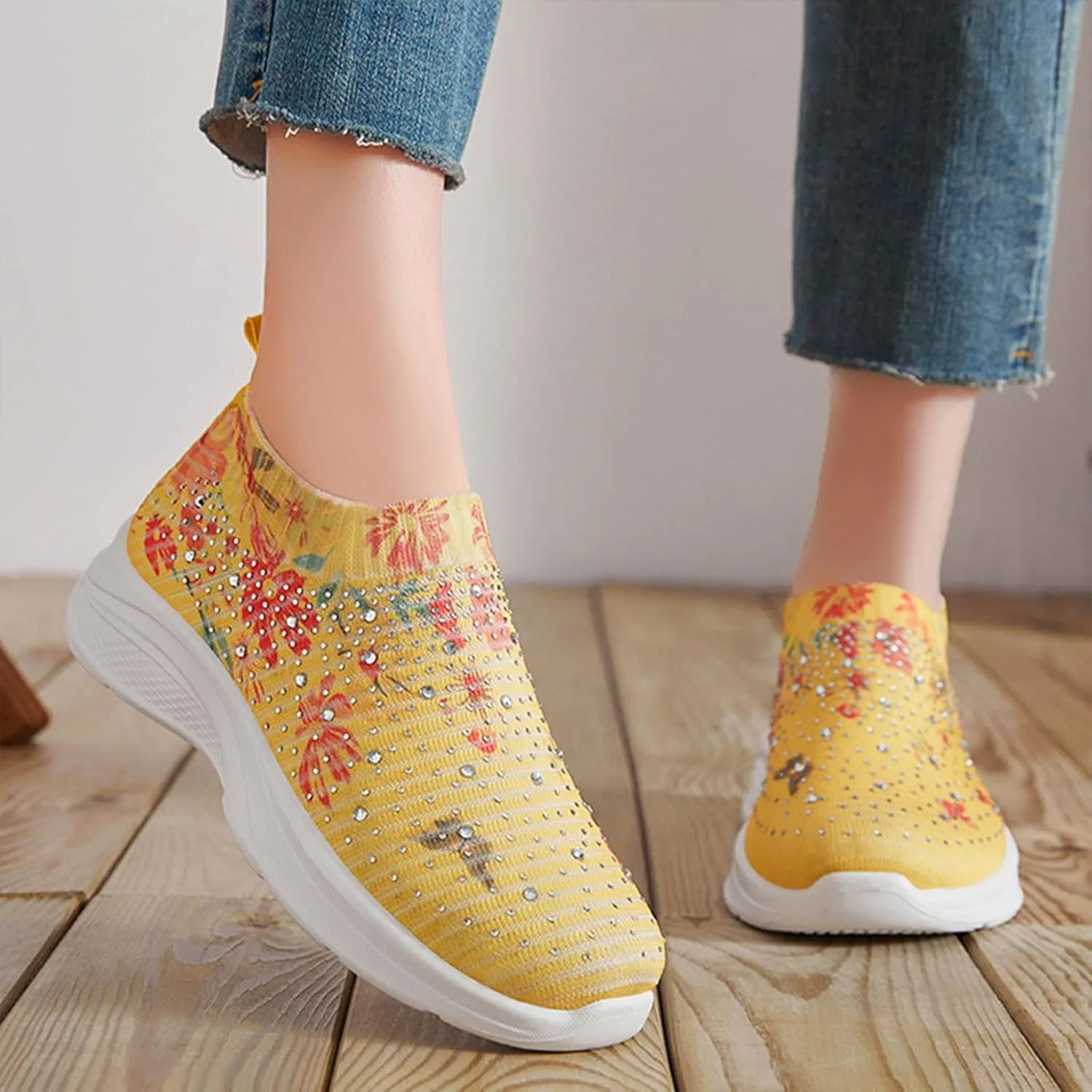 Women Rhinestone Slip On Mesh Sneakers Orthopedic Floral Print Sock Shoes Walking Running Sports Shoes,Crystal Jazz Latin Dance Shoes,Fashion Platform Sparkly Shoes