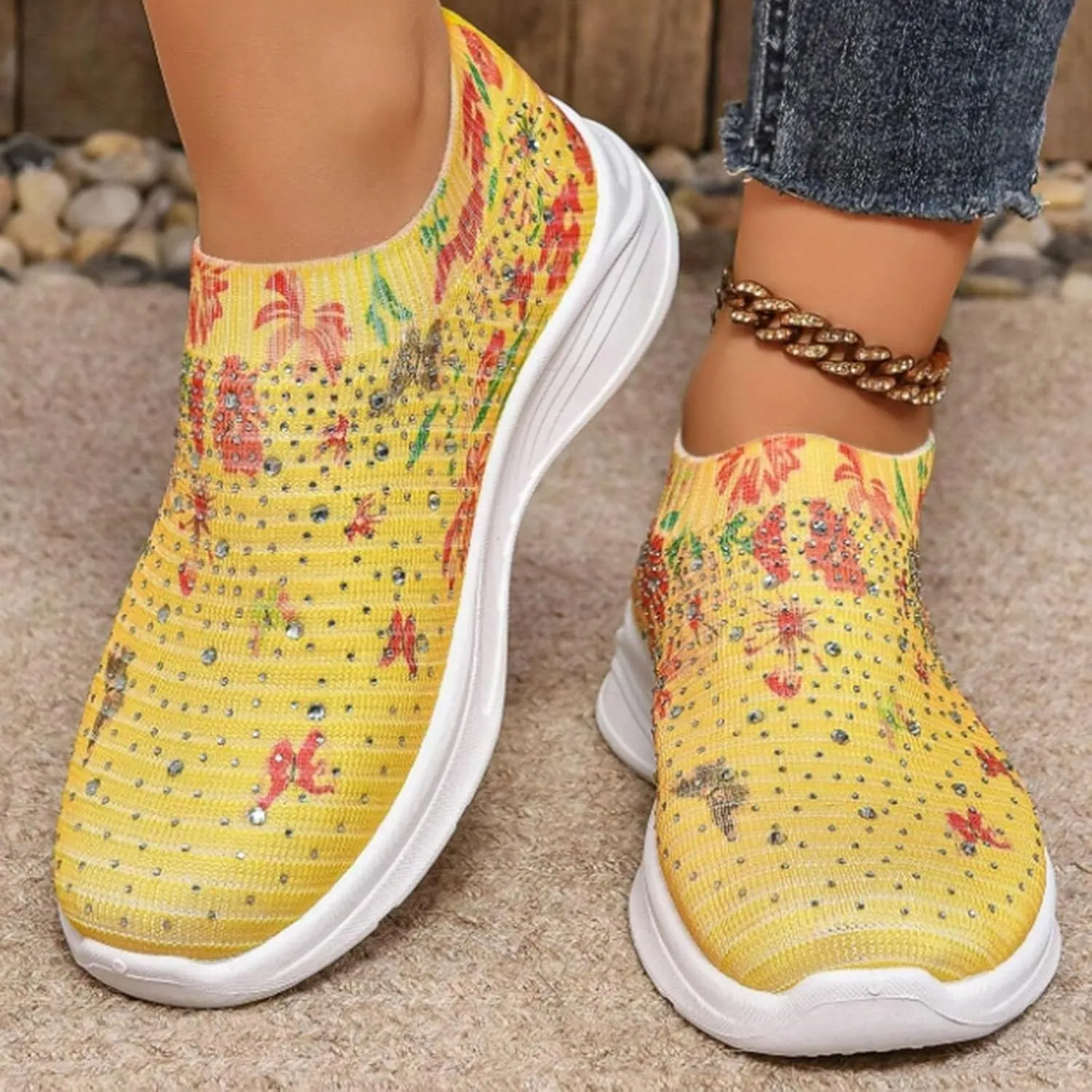 Women Rhinestone Slip On Mesh Sneakers Orthopedic Floral Print Sock Shoes Walking Running Sports Shoes,Crystal Jazz Latin Dance Shoes,Fashion Platform Sparkly Shoes