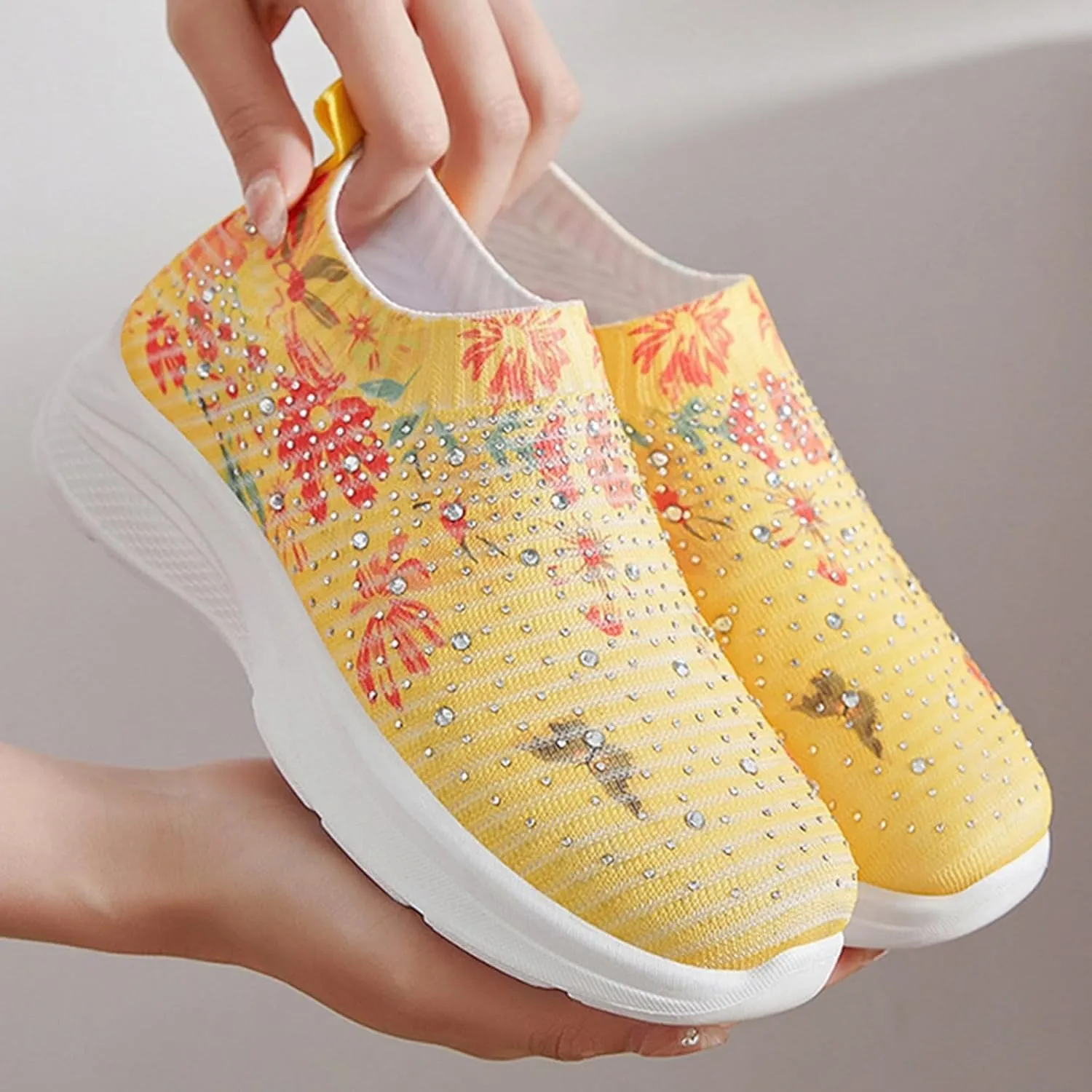 Women Rhinestone Slip On Mesh Sneakers Orthopedic Floral Print Sock Shoes Walking Running Sports Shoes,Crystal Jazz Latin Dance Shoes,Fashion Platform Sparkly Shoes