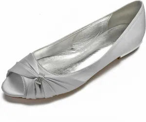 Women Satin Rhinestones Wedding Flats for Bride Prom Evening Party Dress Shoes Evening Party Wedding Dress Closed Party Low Shoes