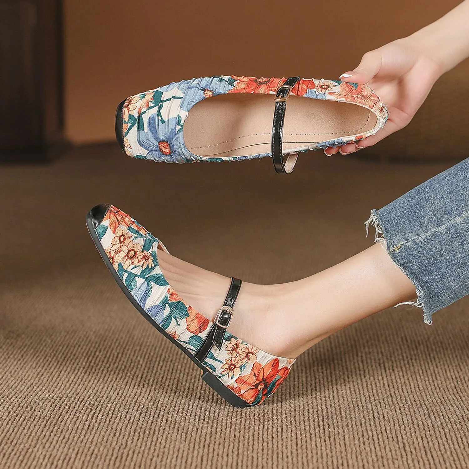 Women Square Toe Mary Jane Flats Shoes Ankle Strap Comfortable Flats Shoes