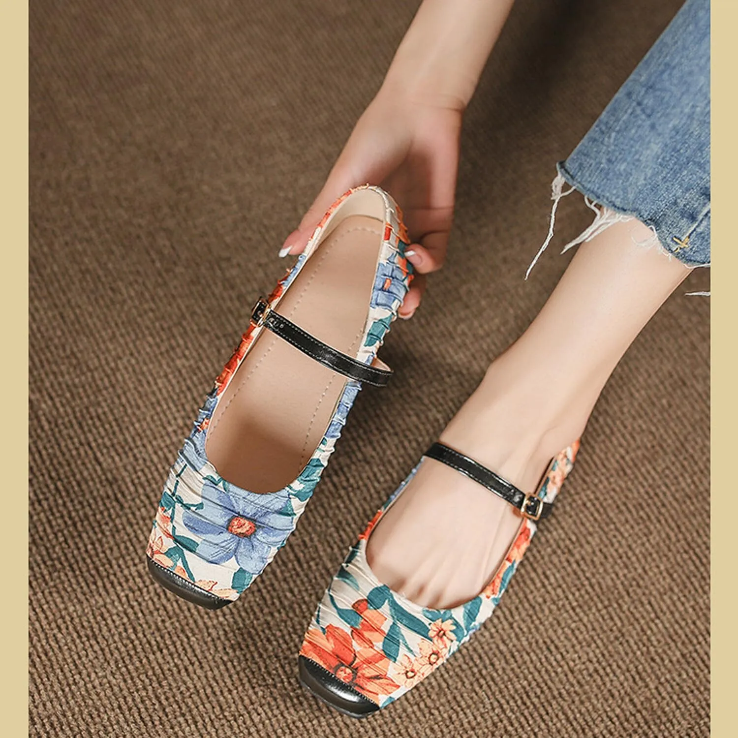 Women Square Toe Mary Jane Flats Shoes Ankle Strap Comfortable Flats Shoes