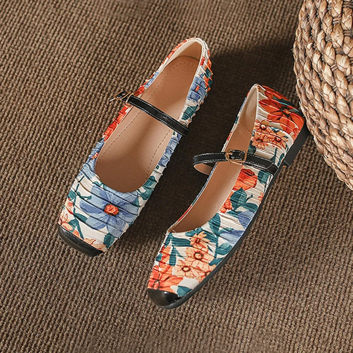 Women Square Toe Mary Jane Flats Shoes Ankle Strap Comfortable Flats Shoes