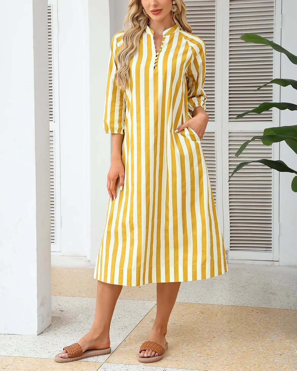 Women Summer Striped Button Down Long Maxi Dress Loose Fit 3/4 Sleeve Cotton Caftan Shirt Dress with Pocket