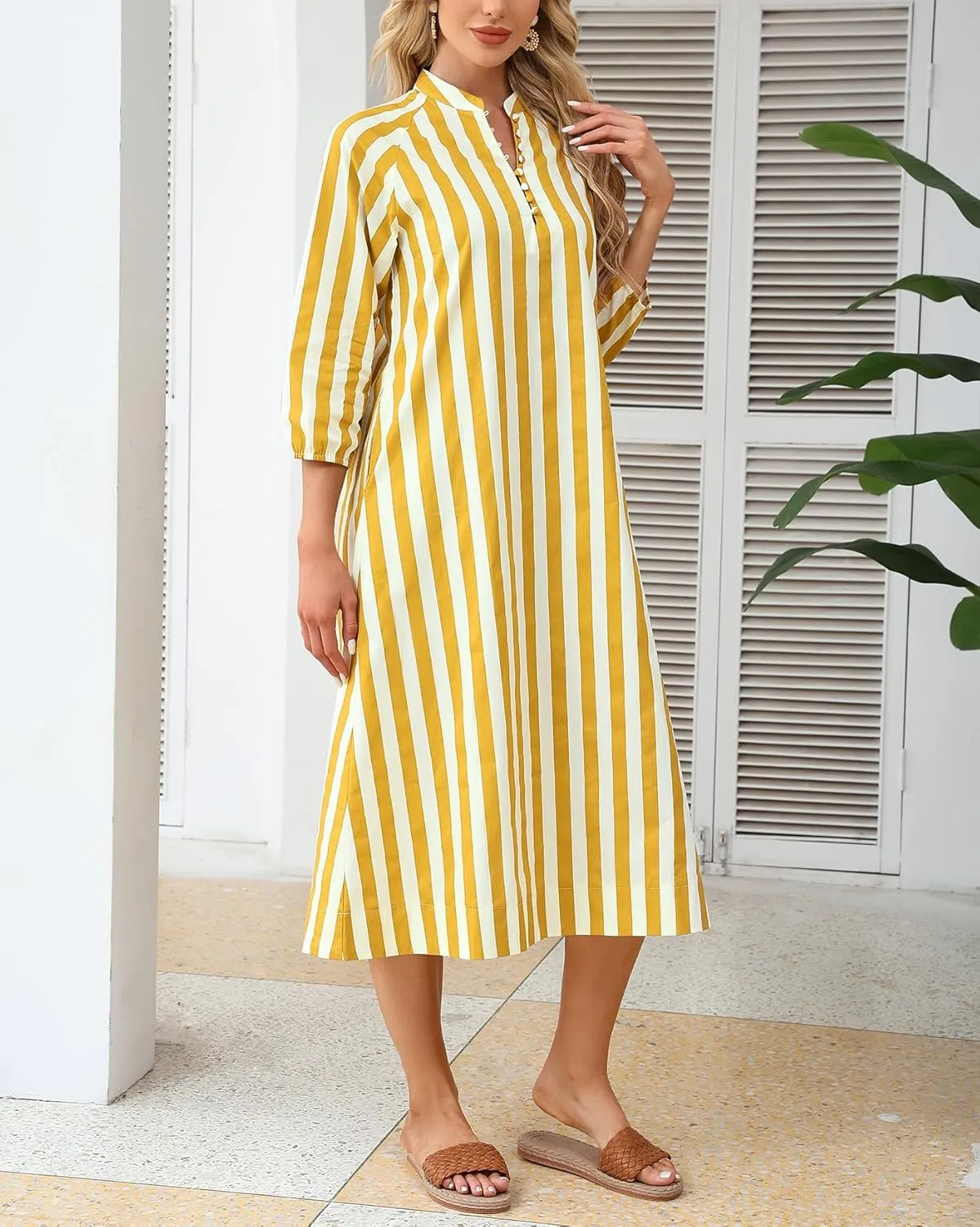 Women Summer Striped Button Down Long Maxi Dress Loose Fit 3/4 Sleeve Cotton Caftan Shirt Dress with Pocket