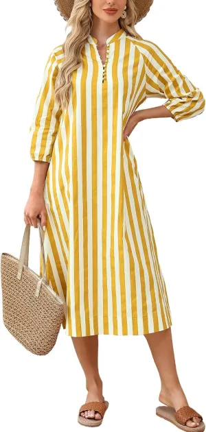 Women Summer Striped Button Down Long Maxi Dress Loose Fit 3/4 Sleeve Cotton Caftan Shirt Dress with Pocket