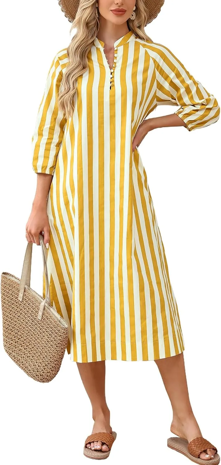 Women Summer Striped Button Down Long Maxi Dress Loose Fit 3/4 Sleeve Cotton Caftan Shirt Dress with Pocket