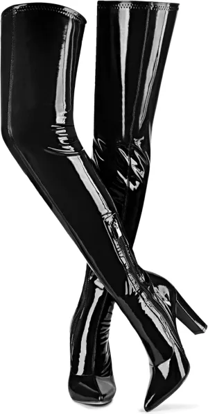 Women Thigh High Boots Chunky Heel Over The Knee Boots Patent Leather PU Stretchy Tall Boots Sexy Pointed Toe Fashion GOGO Boots Prom Party Knee High Boots
