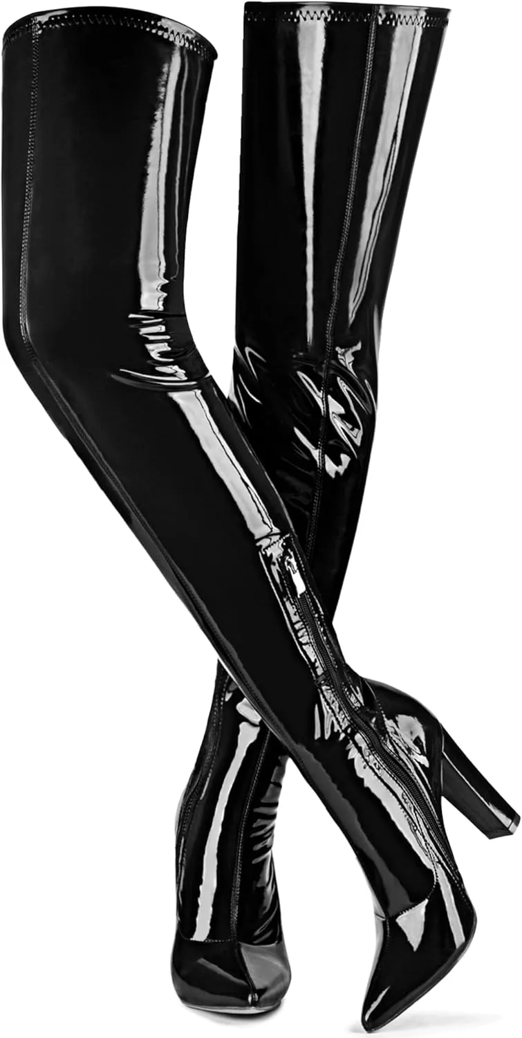 Women Thigh High Boots Chunky Heel Over The Knee Boots Patent Leather PU Stretchy Tall Boots Sexy Pointed Toe Fashion GOGO Boots Prom Party Knee High Boots