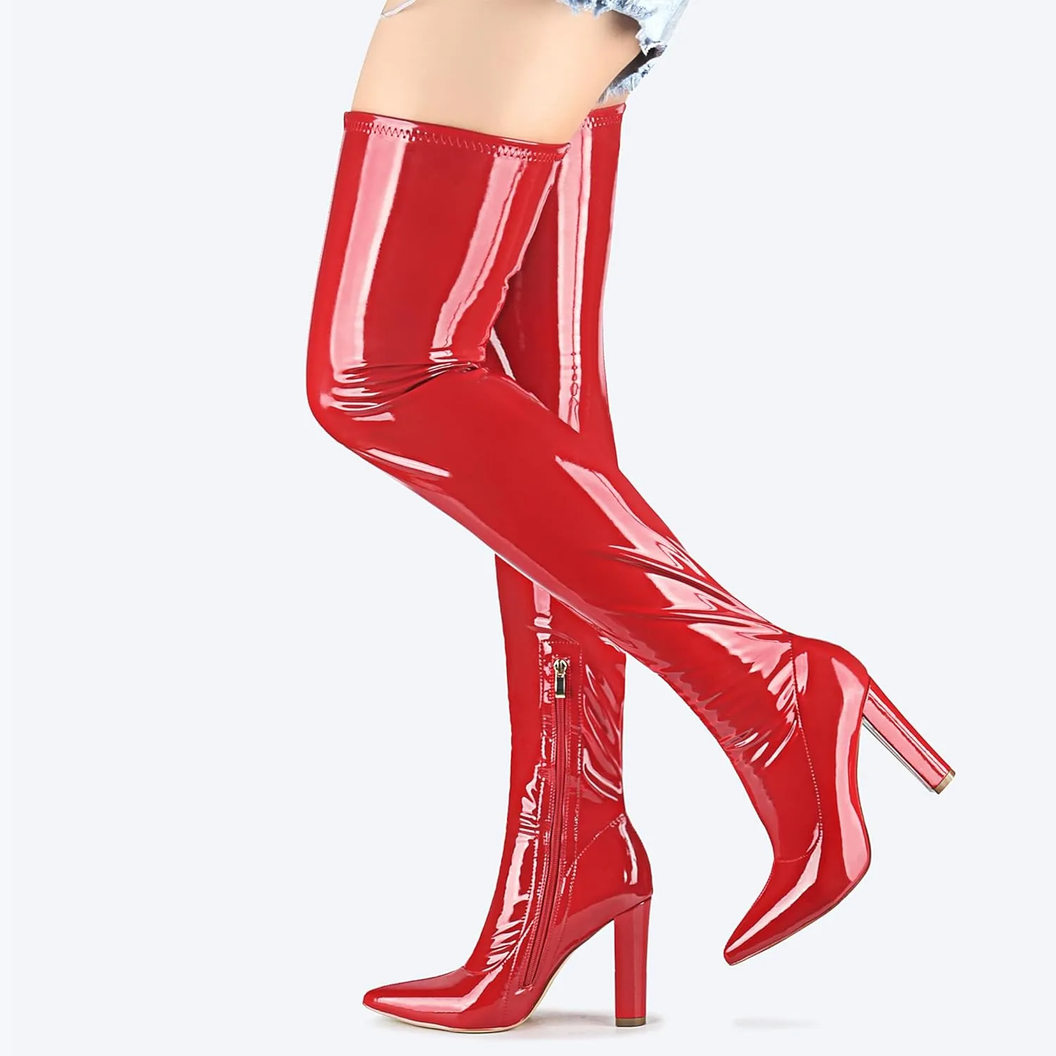 Women Thigh High Boots Chunky Heel Over The Knee Boots Patent Leather PU Stretchy Tall Boots Sexy Pointed Toe Fashion GOGO Boots Prom Party Knee High Boots