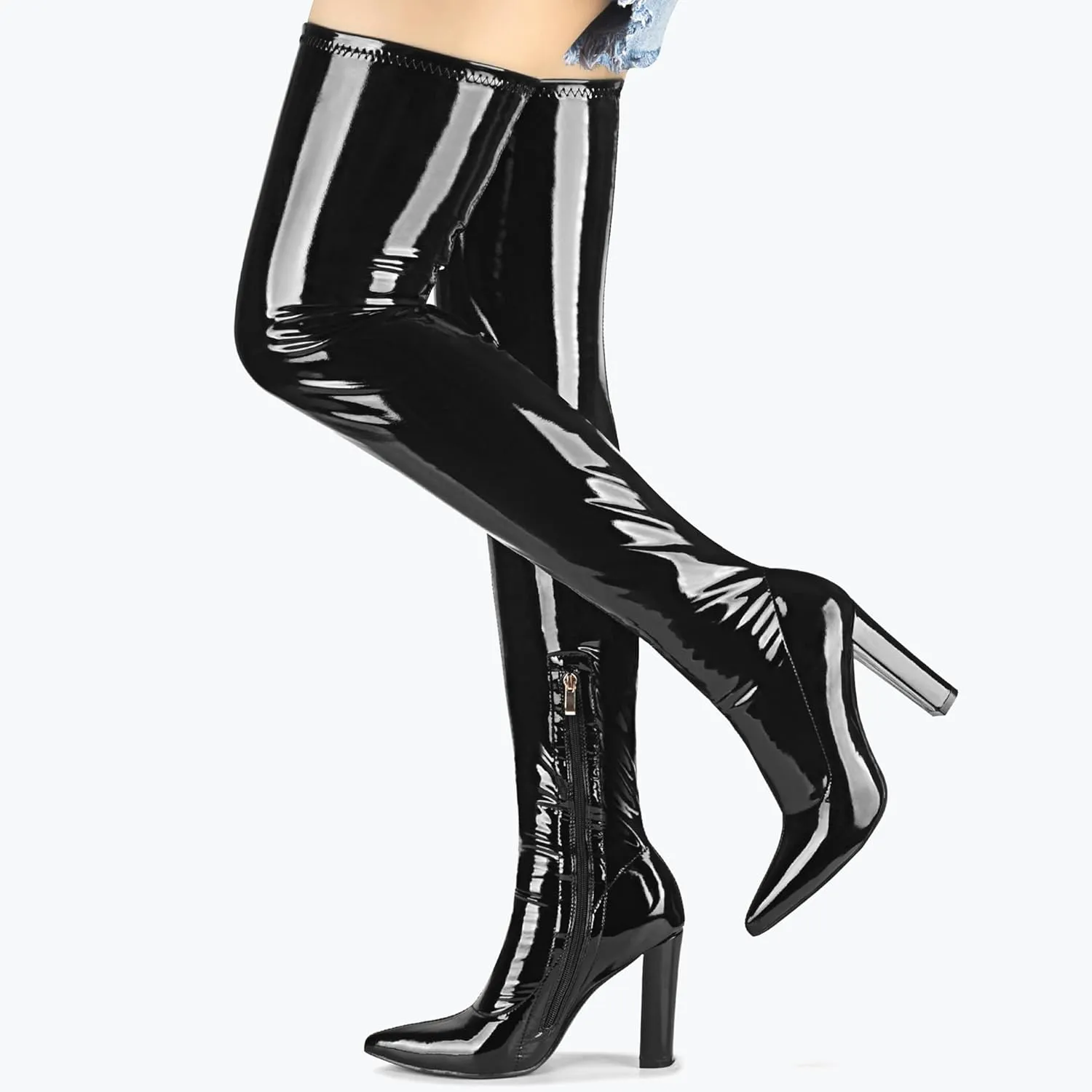 Women Thigh High Boots Chunky Heel Over The Knee Boots Patent Leather PU Stretchy Tall Boots Sexy Pointed Toe Fashion GOGO Boots Prom Party Knee High Boots