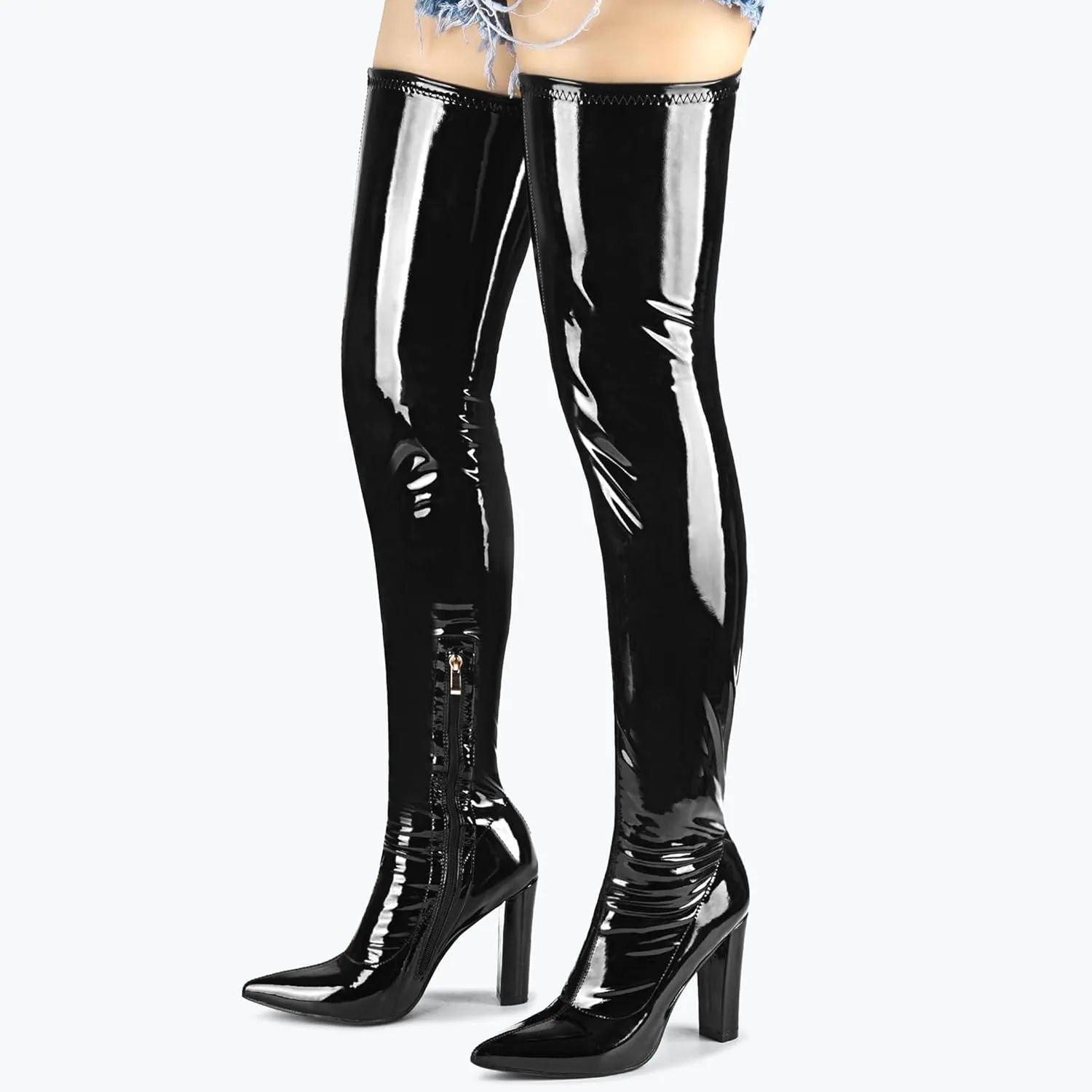 Women Thigh High Boots Chunky Heel Over The Knee Boots Patent Leather PU Stretchy Tall Boots Sexy Pointed Toe Fashion GOGO Boots Prom Party Knee High Boots